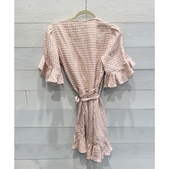 Reformation Dress Womens Medium 100% Linen Leanna Pink Ruffle Gingham Wrap Mini - Picture 3 of 10